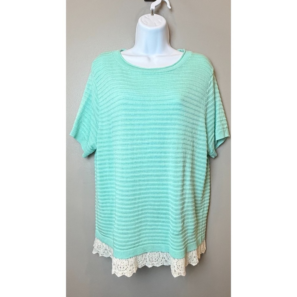 CJ Banks Women's 1X Mint Green Knit Sweater Lace Hem Short Sleeve Plus Size